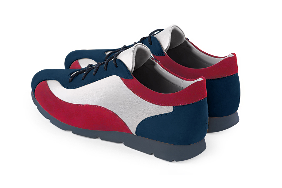 Navy blue, light silver and cardinal red women's elegant sneakers. Round toe. Flat rubber soles. Rear view - Florence KOOIJMAN